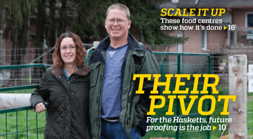 Photo of Country guide magazine cover with photo of two people and dog standing in front of a fence